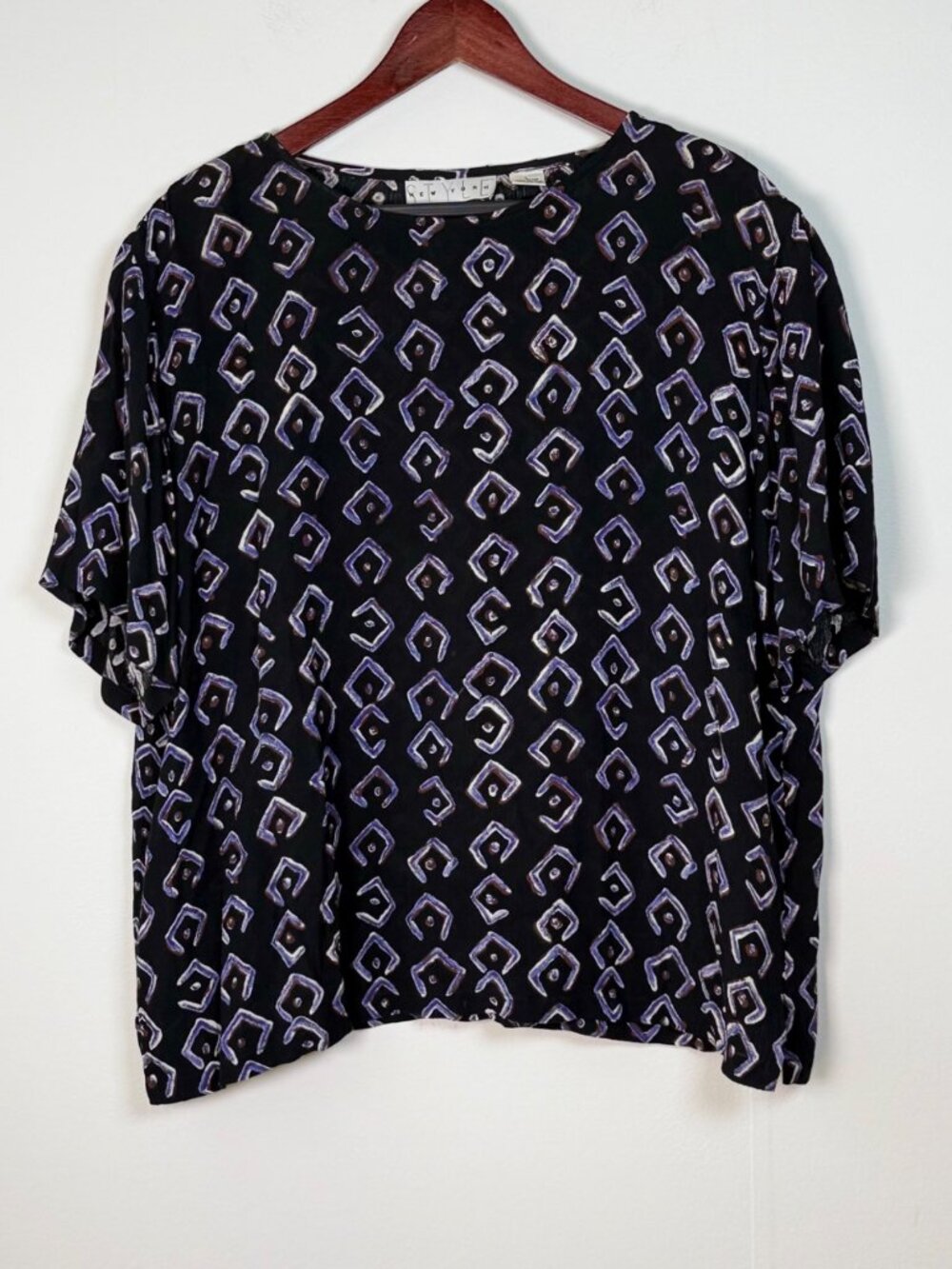 90s Vintage Oversized Blue Geometric Print Blouse Large Business Casual